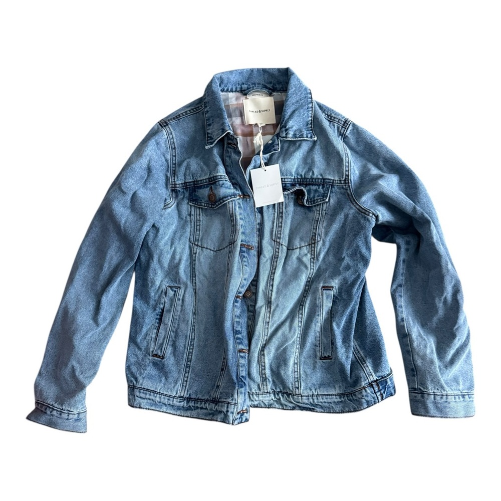 Thread & Supply Denim Jacket Women’s Medium Relaxed Fit Plaid Lined NWT
